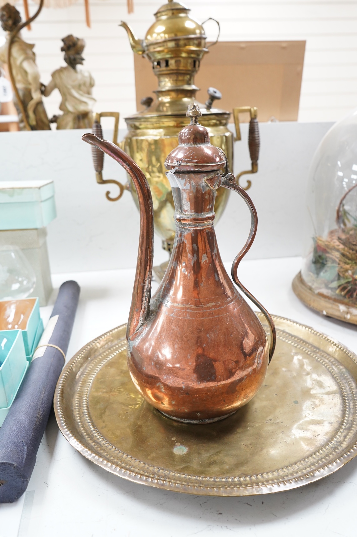A Turkish brass samovar, a brass tray and a Middle Eastern coffee pot, largest 57cm high